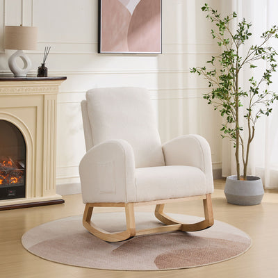 Rocking Chair For Nursery, Sherpa Glider Chair With High Back And Side Pocket, Rocking Accent Armchair With Rubber Wood Legs For Living Room / Bedroom