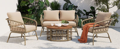 Bohemia-Inspired 4 Person Outdoor Seating Group With Removable Cushions, Conversation Patio Set With Wood Tabletop - Beige