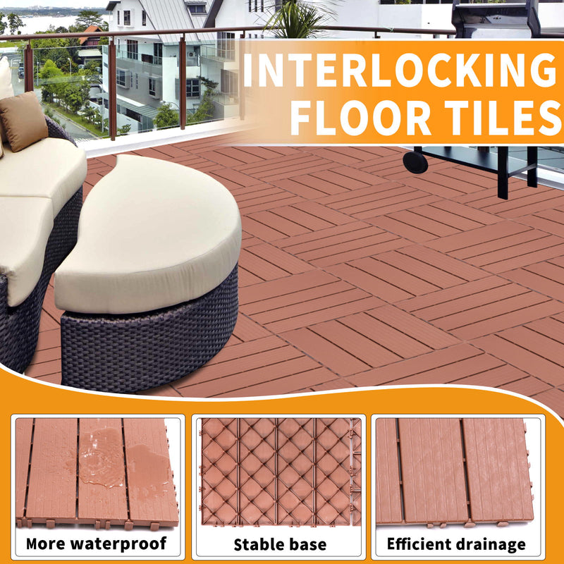 Plastic Interlocking Deck Tiles (Pack Of 44), Patio Flooring Outdoor Waterproof All Weather Use For Garden Poolside Front / Back Yard - Mahogany