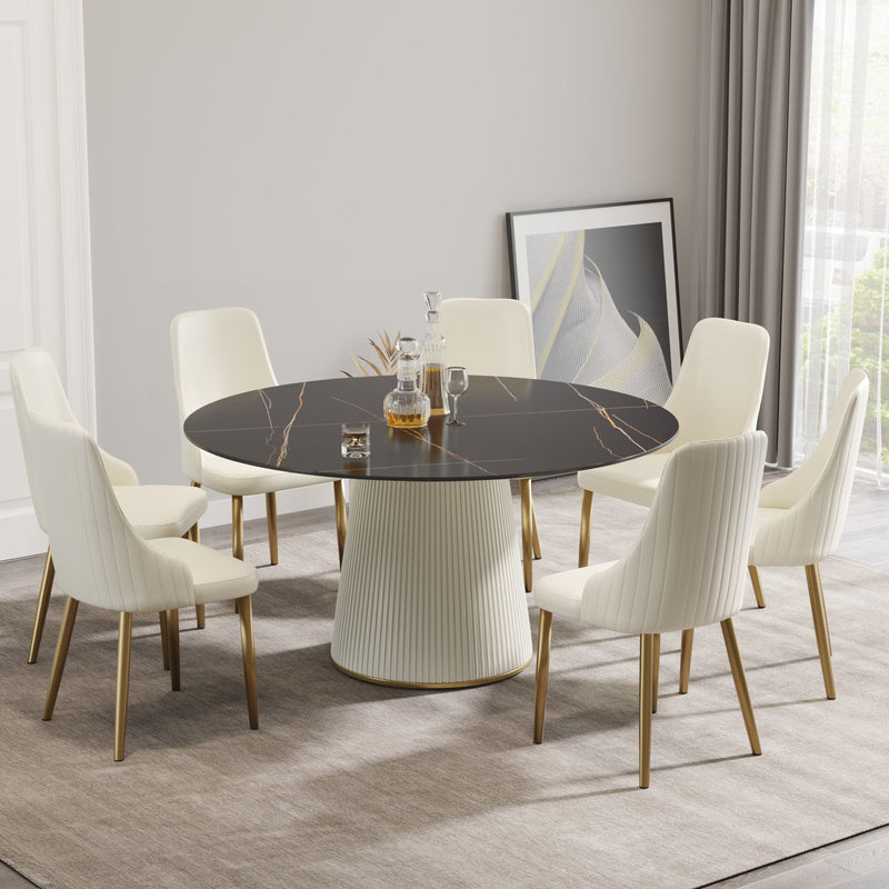 Modern Artificial Stone Round Plywood PU Base Dining Table, Can Accommodate 8 People, (Not Including Chairs) - Black / Beige