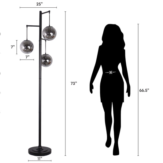 "Globe Cascade" Metal Floor Lamp With Glass Globes - Polished Chrome / Smoked Glass