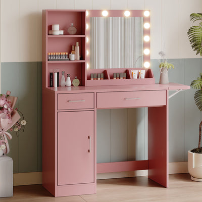 Vanity Desk With Drawers & Mirror With Lights, With Drawers & Cabinet 3 Shelves Lots Storage For Stylish Bedroom