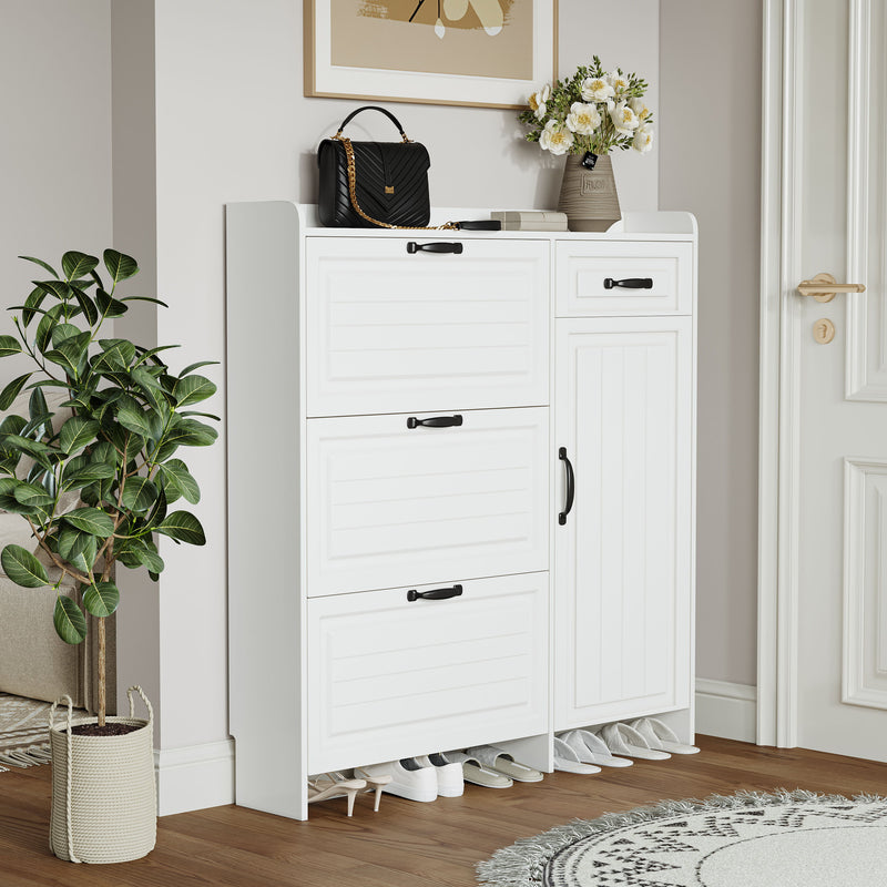 Shoe Cabinet With 4 Doors 1 Drawers, PVC Door With Shape, Large Space For Storage - White