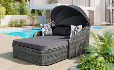 Outdoor Sunbed With Adjustable Canopy, Daybed With Pillows, Double Lounge, PE Rattan Daybed