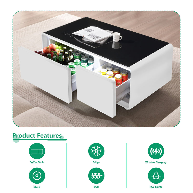 Modern Smart Coffee Table With Built-In Fridge - Bluetooth Speaker, Wireless Charging, Touch Control Panel, USB Interface, Outlet Protection, Atmosphere Light