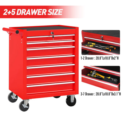 Rolling Tool Chest With 7 Drawer Tool Box With Wheels Multifunctional Tool Cart Mechanic Tool Storage Cabinet For Garage, Warehouse, Workshop, Repair Shop - Red