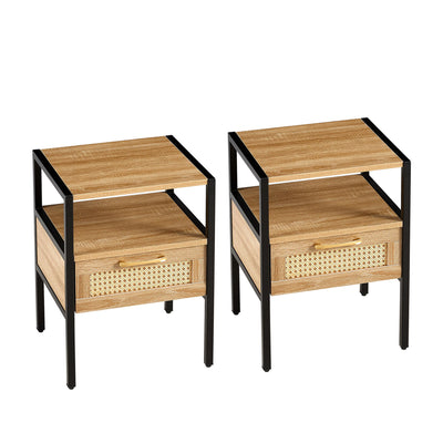 Rattan End Table With Drawer, Modern Nightstand, Metal Legs, Side Table For Living Room, Bedroom