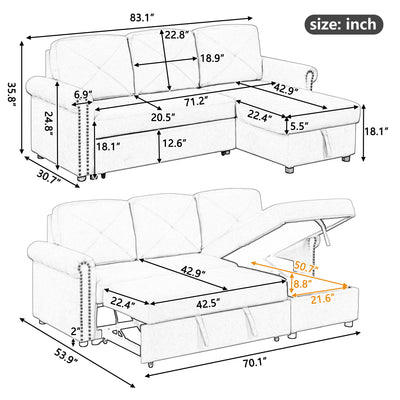 Modern Convertible Sleeper Sofa Bed With Storage Chaise