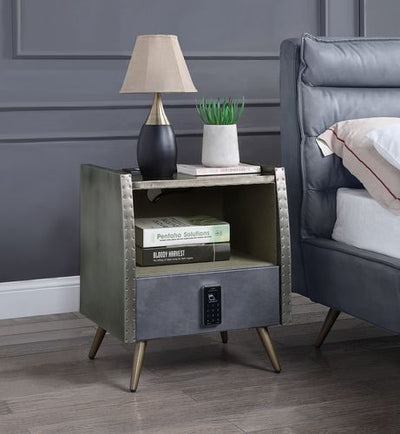 Doris - Nightstand - Gray Top Grain Leather & Aluminum - Grand Furniture GA