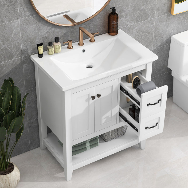 Bathroom Vanity With Ceramic Sink Top, Vanity Cabinet With Multi-Functional Drawer, Solid Wood Legs - White