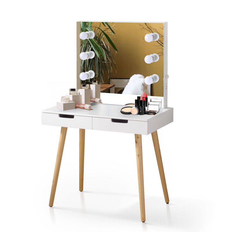 Wooden Vanity Table, Makeup Dressing Desk With LED Light, Dressing Table With USB Port - White