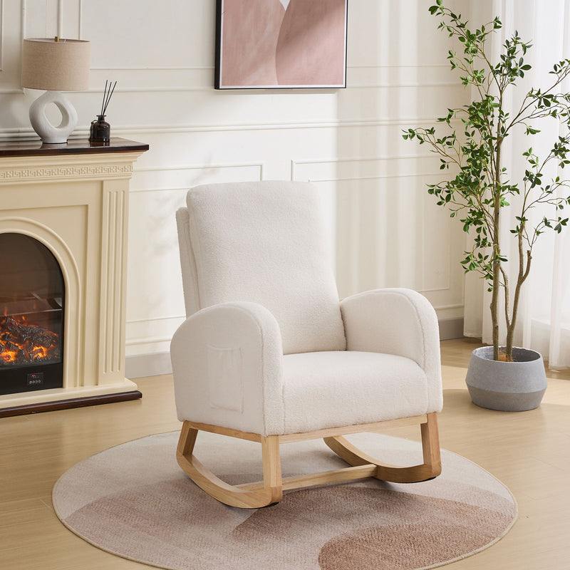 Rocking Chair For Nursery, Sherpa Glider Chair With High Back And Side Pocket, Rocking Accent Armchair With Rubber Wood Legs For Living Room / Bedroom