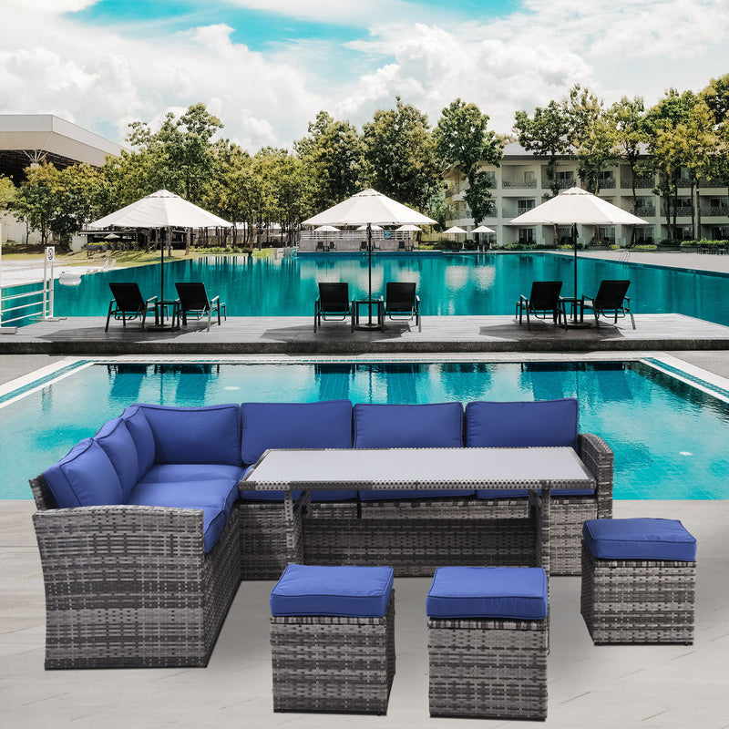 7 Pieces Outdoor Sectional Conversation Sofa With Dining Table, Chairs And Ottomans, All Weather, With Backrest And Removable Cushions