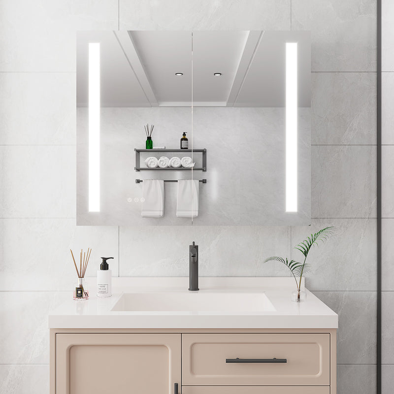 Medicine Cabinet With LED Vanity Mirror, Anti-Fog, Dimmable, Recessed Or Surface Mount, Aluminum 3000K~6000K Lighted Double Door Bathroom Cabinet With Touch Switch