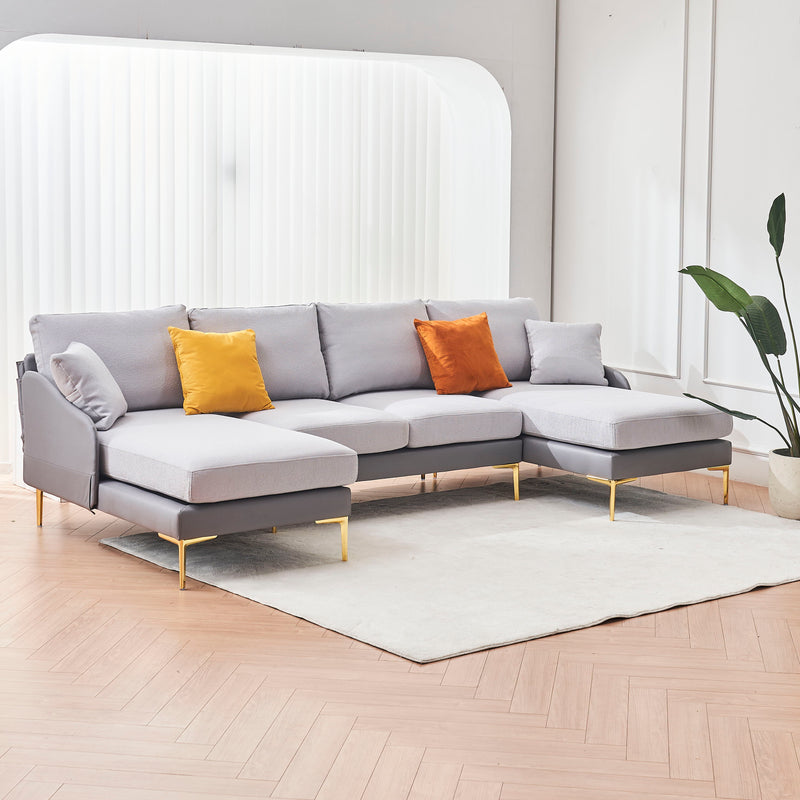 Modern Large Area Linen+Leathaire Fabric Color Matching Segmented Sofa, Ultra Wide Lounge Chair