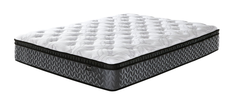 A modern Sierra Sleep® by Ashley 12 Inch Pocketed Hybrid - Mattress with a white quilted top and a black-and-gray patterned side, viewed against a white background.