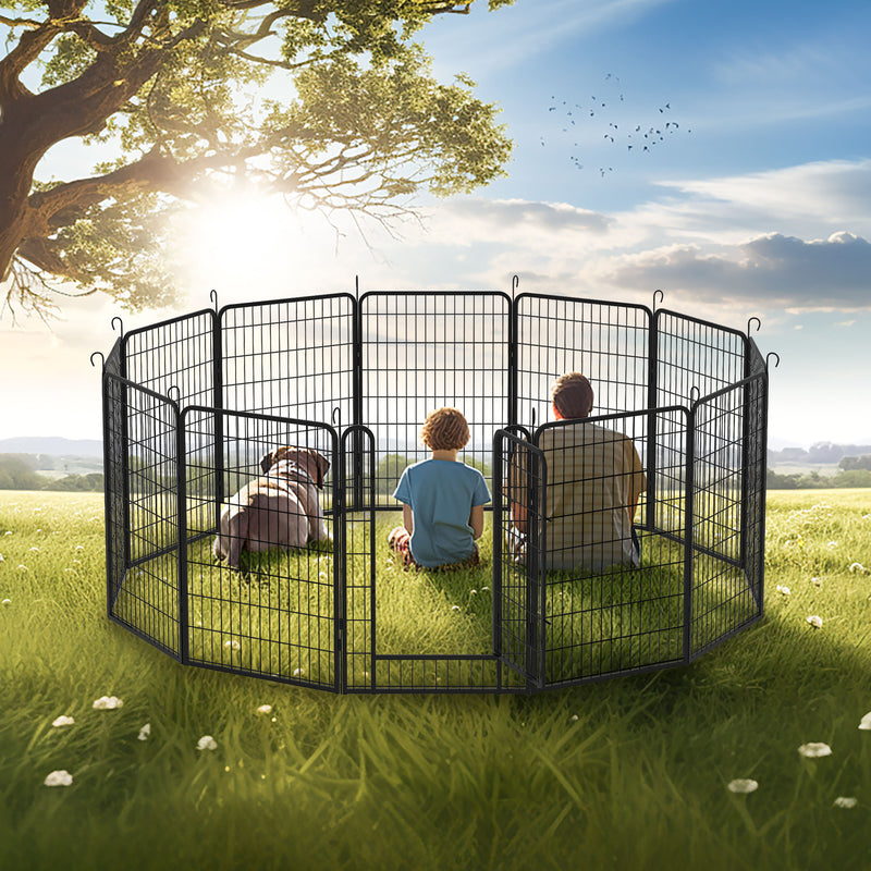 81.1" 12 Panels Heavy Duty Metal Playpen With Door, Dog Fence Pet Exercise Pen For Outdoor - Black