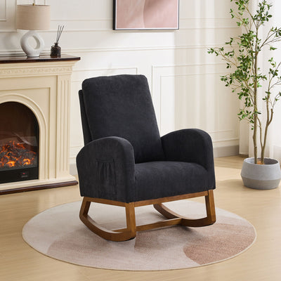 Rocking Chair For Nursery, Polyester Glider Chair With High Back And Side Pocket, Rocking Accent Armchair With Rubber Wood Legs For Living Room / Bedroom