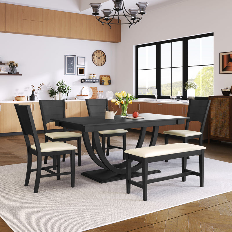 Topmax - 6 Piece Wood Half Round Dining Table Set Kitchen Table Set With Long Bench And 4 Dining Chairs, Modern Style