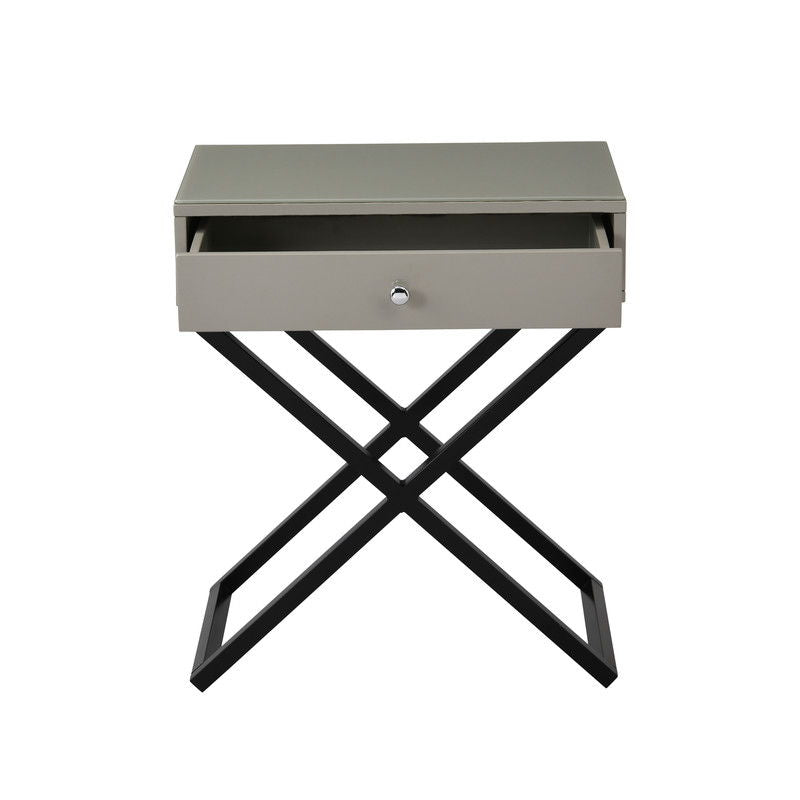 Koda - Wooden End Side Table Nightstand With Glass Top, Drawer And Metal Cross Base