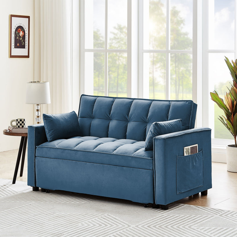 Modern Convertible Sleeper Sofa Couch With Pull Out Bed With Pillows & Side Pockets For Small Space, Living Room - Peacock Blue