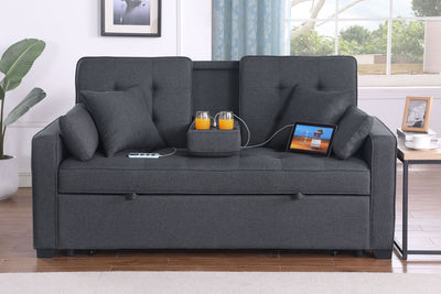 Cody II - 69.5"W Dark Gray Linen Convertible Sleeper Loveseat With Cup Holder, Charging Ports and Pocket