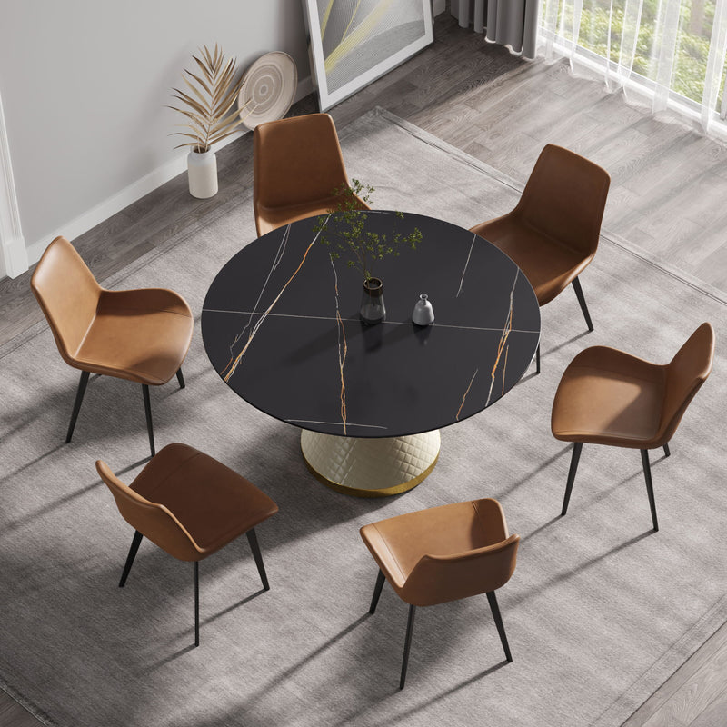 53.15" Modern Artificial Stone Round Carbon Steel Base Dining Table, Can Accommodate 6 People - Black / White