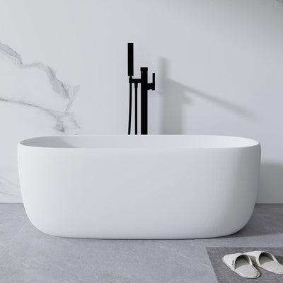 Freestanding Bathtub Resin Stone Soaking Bathtub Solid Surface Modern Tubs With Overflow And Pop-Up Drain - Matte White