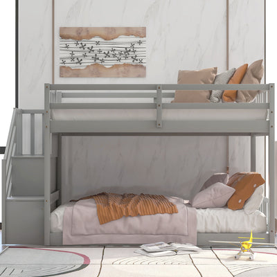 Twin Over Twin Floor Bunk Bed, Ladder With Storage