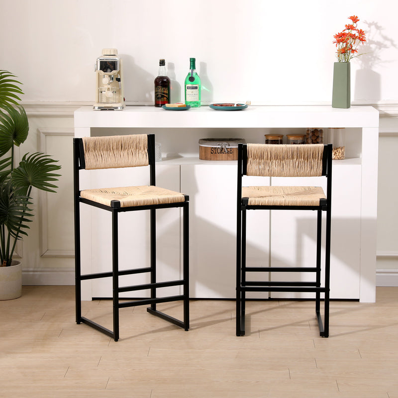 Bar Stools Paper Rope Weave Dining Chairs With Back Hand Weave Stools For Kichen Island, Bar & Counter (Set of 2)