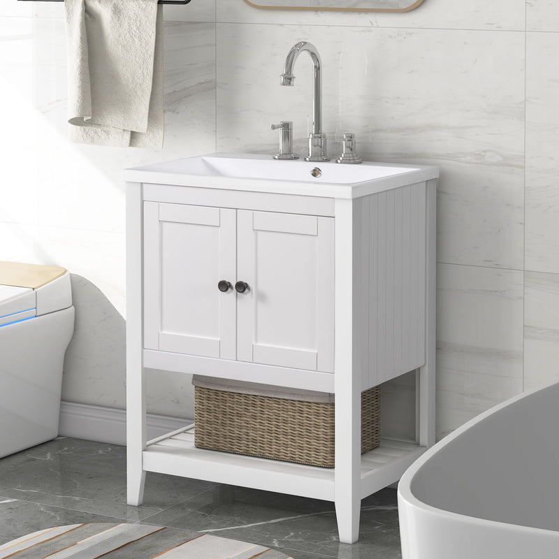 Modern Sleek Bathroom Vanity Elegant Ceramic Sink With Solid Wood Frame Open Style Shelf - White