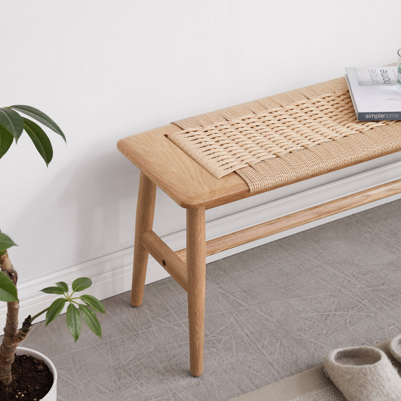 Woven Design Dining Bench For Dining Room, Bedroom - Natural Oak