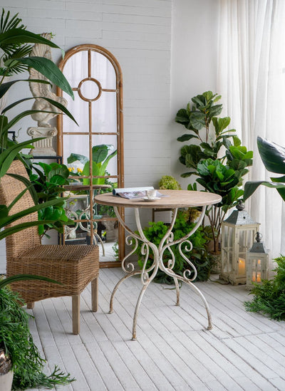 Round Wooden Table With Metal Scrollwork Legs - White