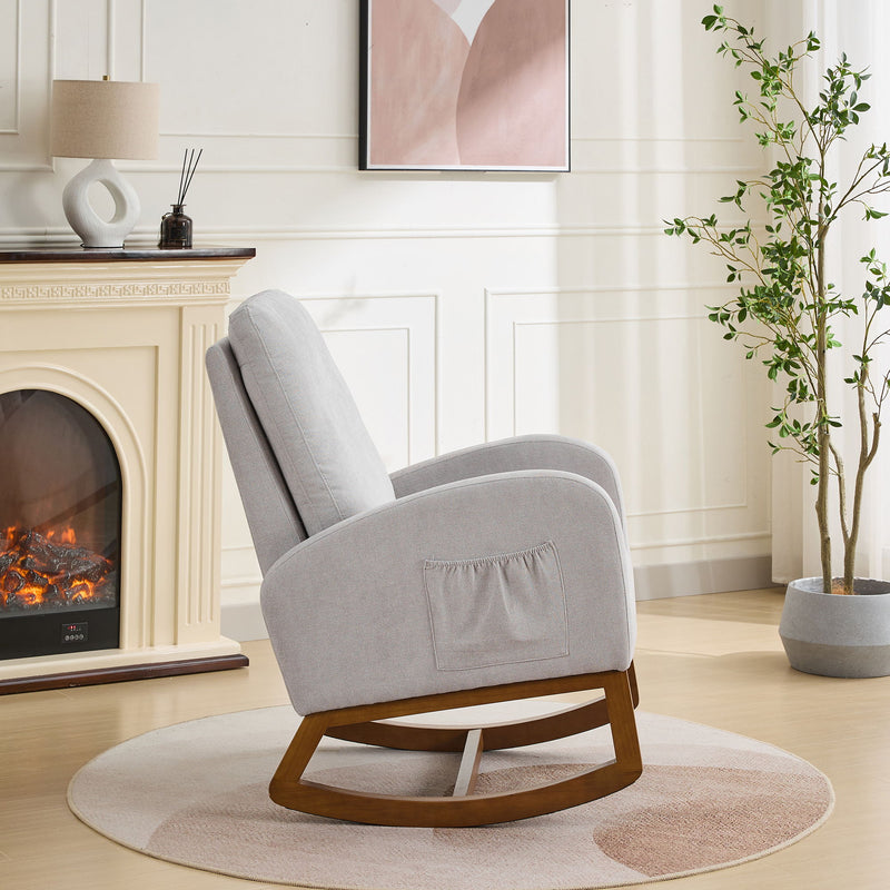 Rocking Chair For Nursery, Polyester Glider Chair With High Back And Side Pocket, Rocking Accent Armchair With Rubber Wood Legs For Living Room / Bedroom