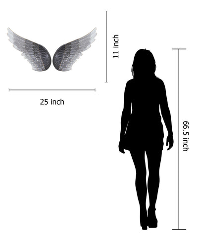 Image showing a silhouette of a woman with measurements, standing next to a Classy Art 11x25 Metal Wall Decor - Dark Gray, indicated as 11 inches high and 25 inches wide. The woman is 65.5 inches tall.
