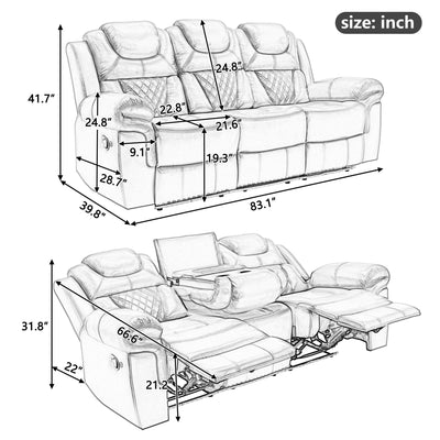 Home Theater Seating Manual Recliner Chair With Center Console And Led Light Strip For Living Room