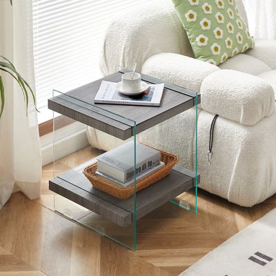 Sleek And Sturdy Tempered Glass Leg Side Table With Dual MDF Shelves, Modern Nightstand End Table For Living Roon, Bedroom - Transparent / Gray