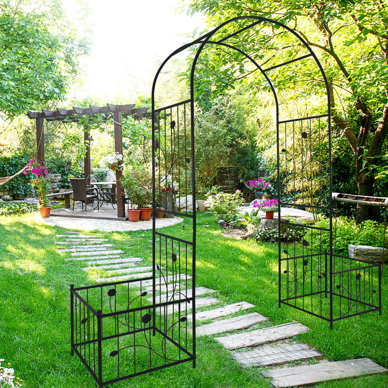 Metal Garden Arch With Two Plant Stands Wide High Climbing Plants Support Rose Arch Outdoor - Black