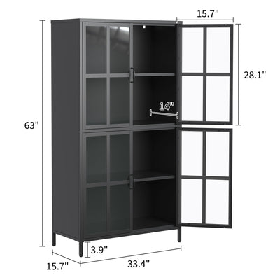 Premium Metal Storage Cabinet With Tempered Glass Doors, Adjustable Shelves, Anti-Tipping Device, Magnetic Silent Closure, And Adjustable Feet For Home And Office Use