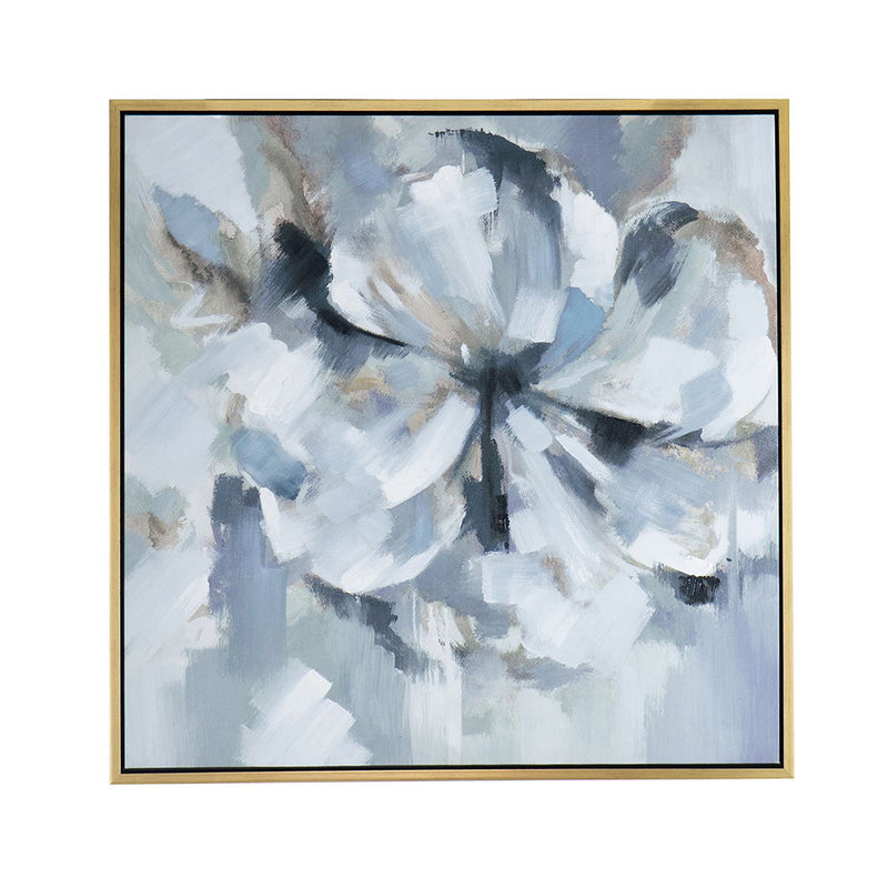 Large Modern Flower Oil Painting, Square Gold Frame Wall Art - Blue / Gray