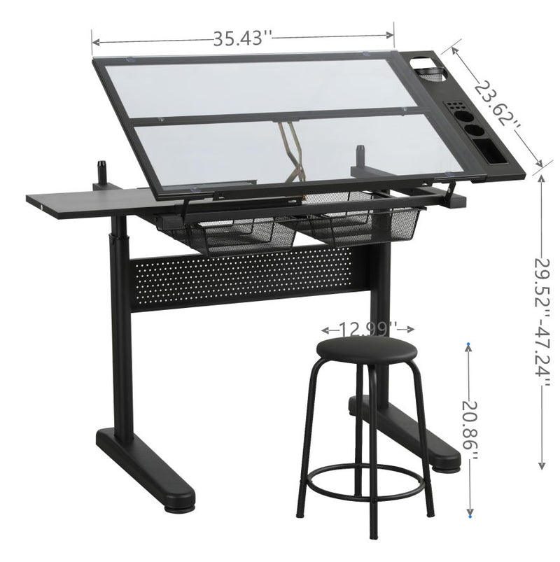 Hand Crank Adjustable Drafting Table Drawing Desk With 2 Metal Drawers With Stool