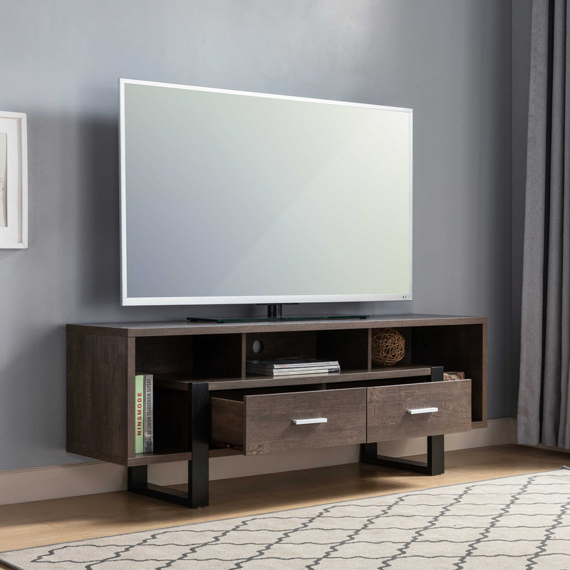 Modern TV Stand With Three Shelves And Two Drawers - Dark Brown / Black