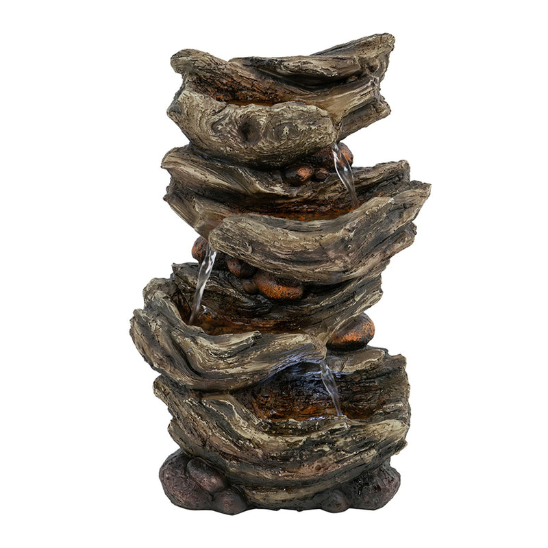 Indoor Brown Wood-Look Water Fountain, 4 Tier Polyresin Cascading Wood Tabletop Fountain With LED Light - Rustic Brown