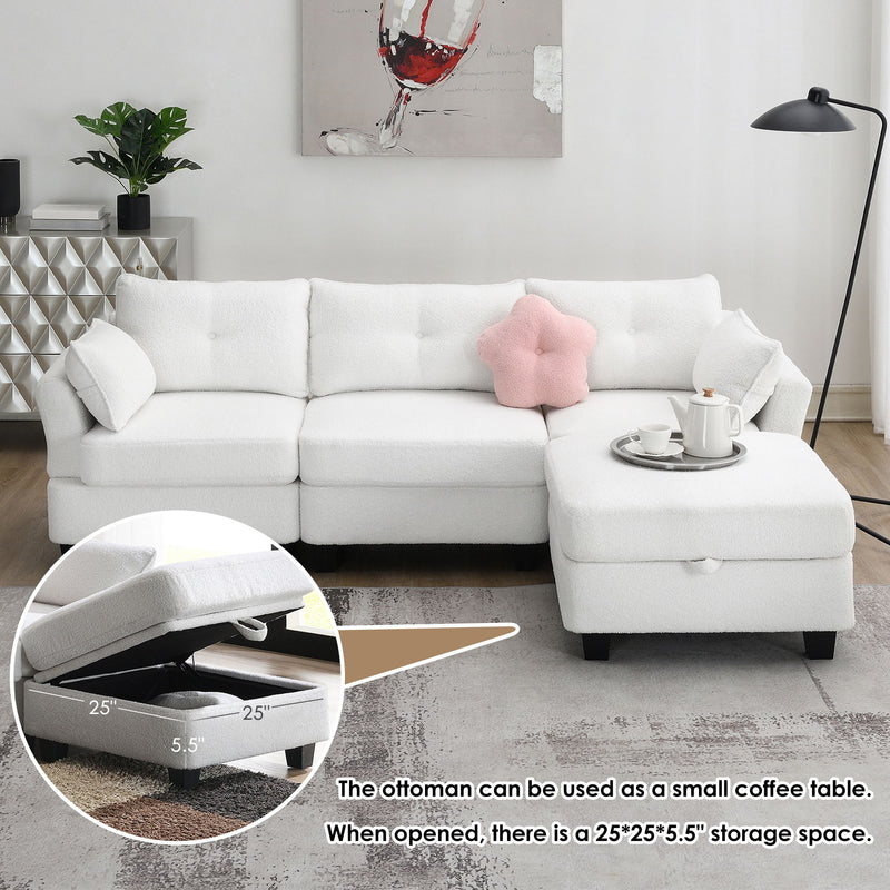 Modern Teddy Velvet Sectional Sofa, Charging Ports On Each Side, L-Shaped Couch With Storage Ottoman, 4 Seat Interior Furniture For Living Room, Apartment (3 Pillows)