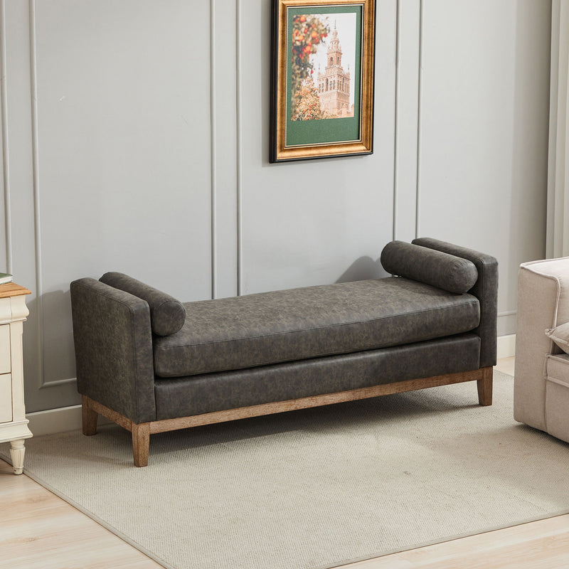 Elegant Upholstered Bench, Daybed, Ottoman With Wood Legs & 2 Bolster Pillows For End Of Bed, Bedroom, Living Room, Entryway