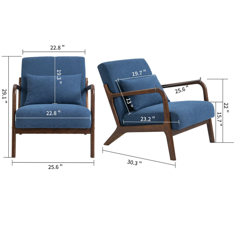 Mid-Century Modern Accent Chair With Wood Frame, Upholstered Living Room Chairs With Waist Cushion, Reading Armchair For Bedroom Sunroom