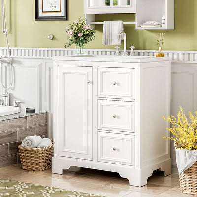 Bathroom Vanity Cabinet With Ceramic Basin, 3 Drawers And Adjustable Shelves