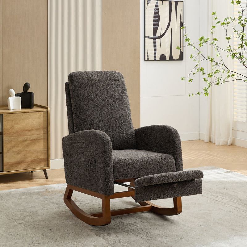 Rocking Chair For Nursery, High Back Glider Chair With Retractable Footrest, Side Pocket, Rocking Accent Armchair With Rubber Wood Legs For Living Room / Bedroom