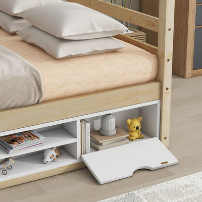 House Bed With Roof Frame, Bedside-Shelves, Under Bed Storage Unit