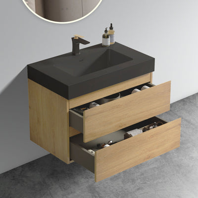 Alice - Natural Oak Bathroom Vanity With Sink, Large Storage Wall Mounted Floating Bathroom Vanity For Modern Bathroom, One-Piece Black Sink Basin Without Drain